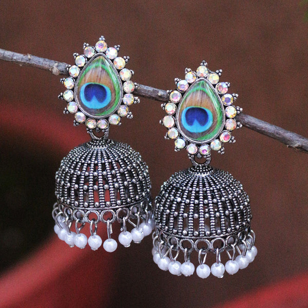 H K Fashion Oxidised Plated Austrian Stone And Pearls Jhumki Earrings