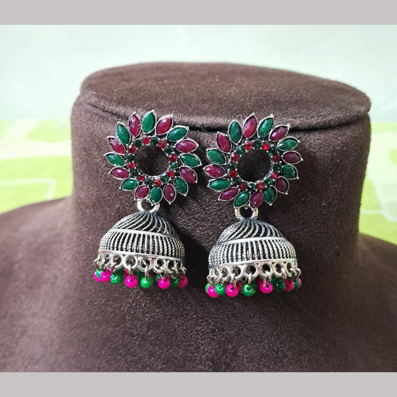 H K Fashion Oxidised Plated Crystal Stone And Pearls Jhumki