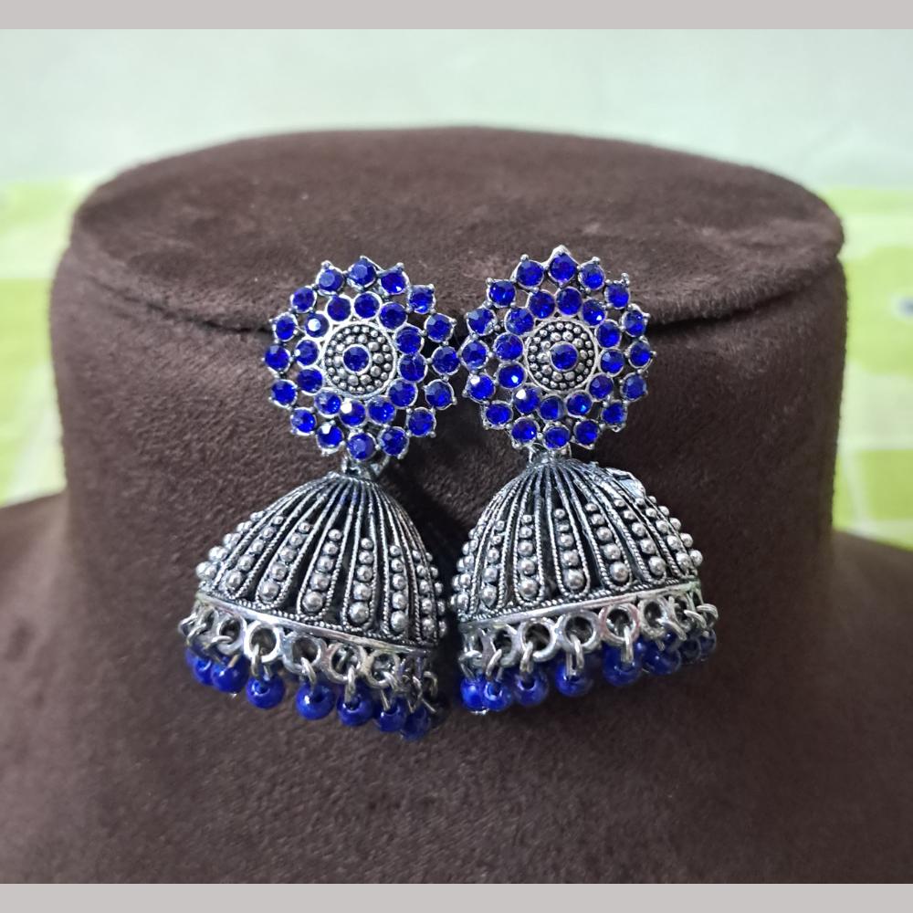 H K Fashion Oxidised Plated Austrian Stone And Beads Jhumki Earrings