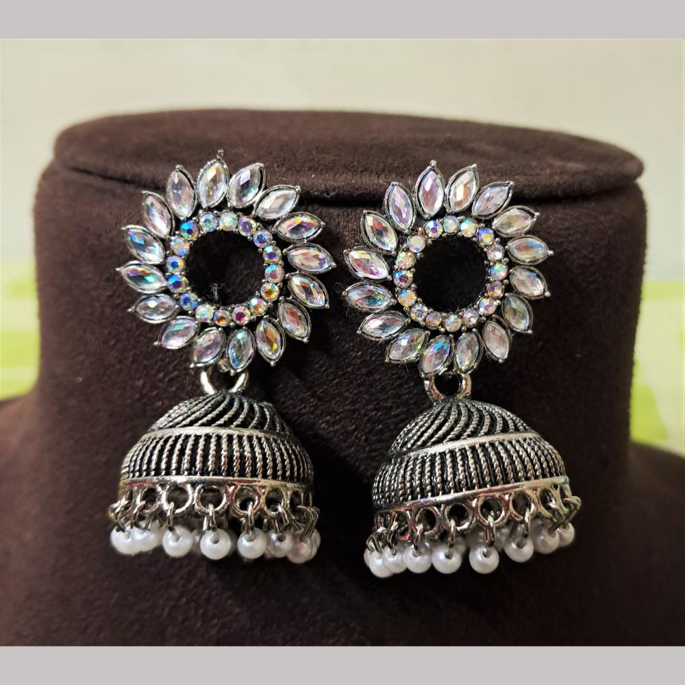 H K Fashion Oxidised Plated Austrian Stone And Beads Jhumki Earrings