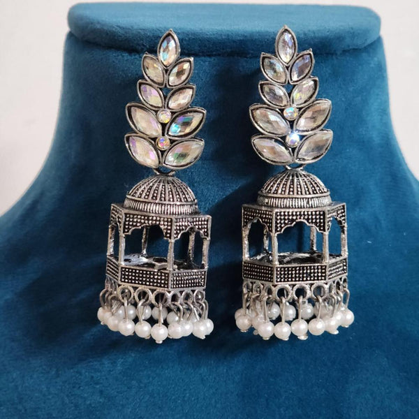 H K Fashion Oxidised Plated Austrian Stone And Beads Jhumki Earrings