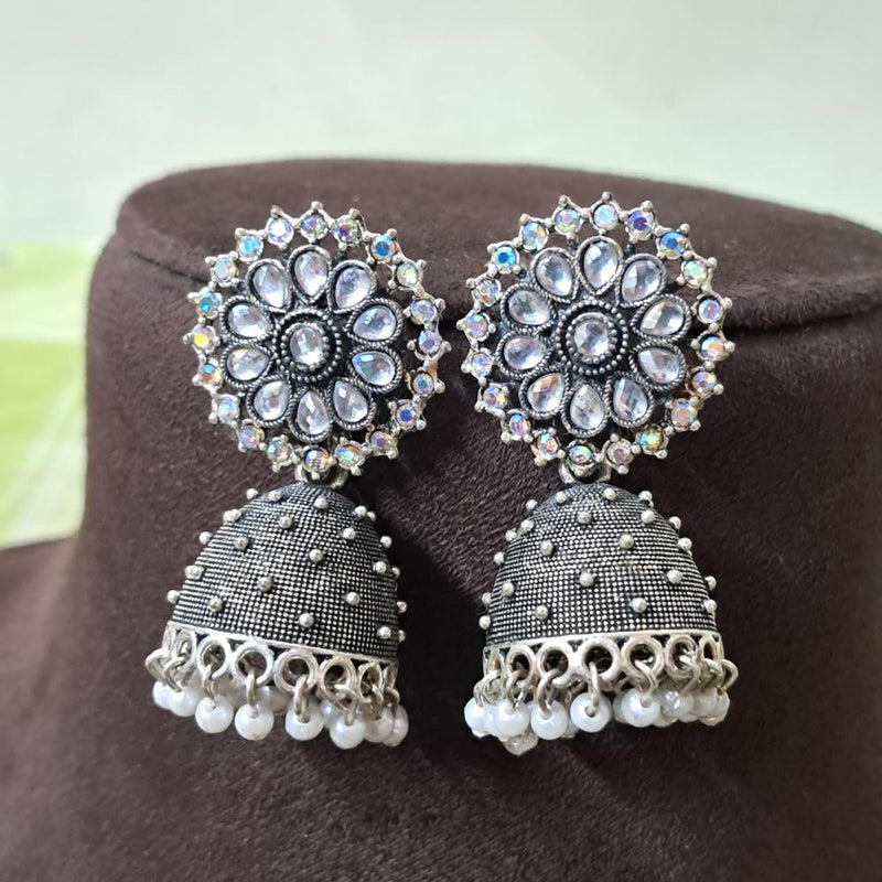 H K Fashion Oxidised Plated Austrian Stone And Beads Jhumki Earrings