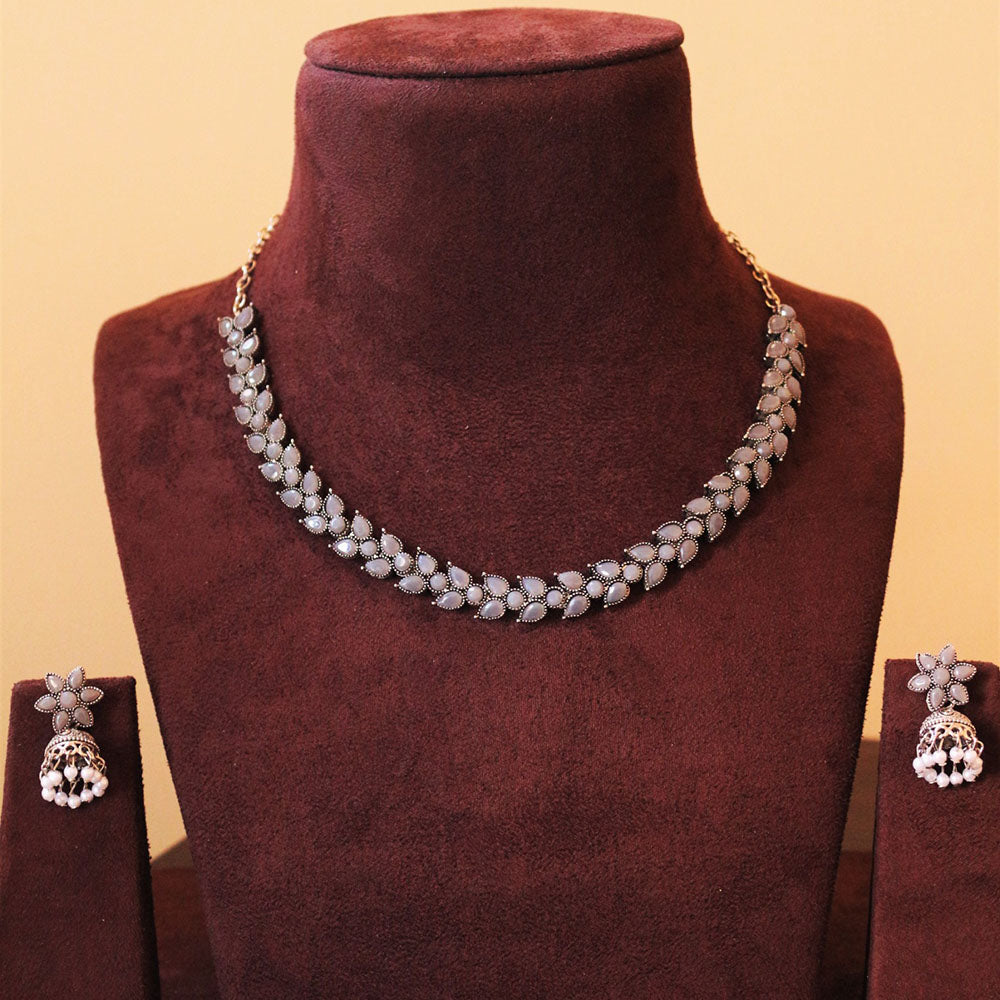 H K Fashion Oxidised Plated Crystal Stone Necklace Set