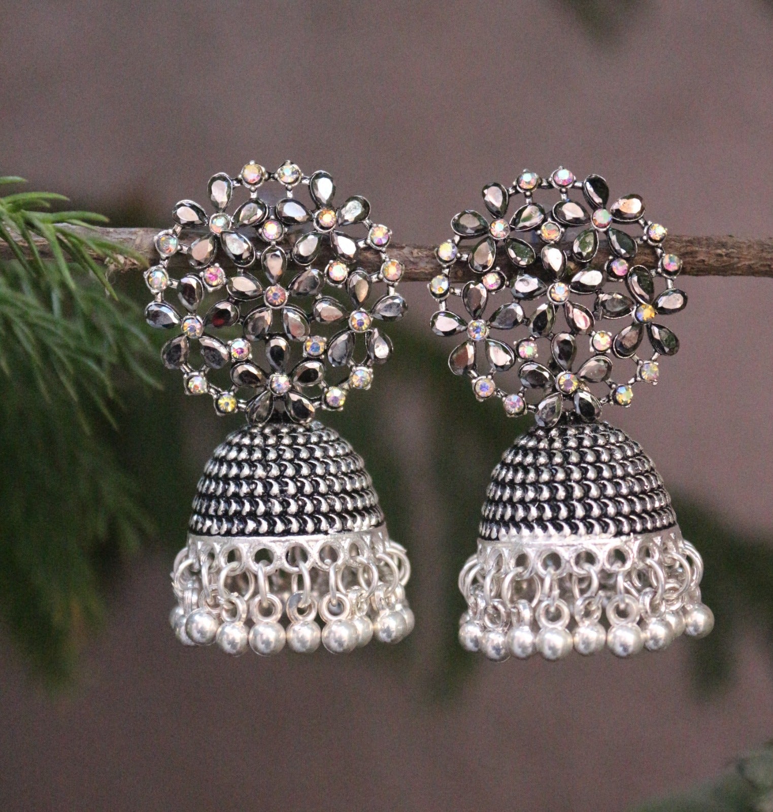 H K Fashion Oxidised Plated Austrian Stone Pearls Jhumki Earrings