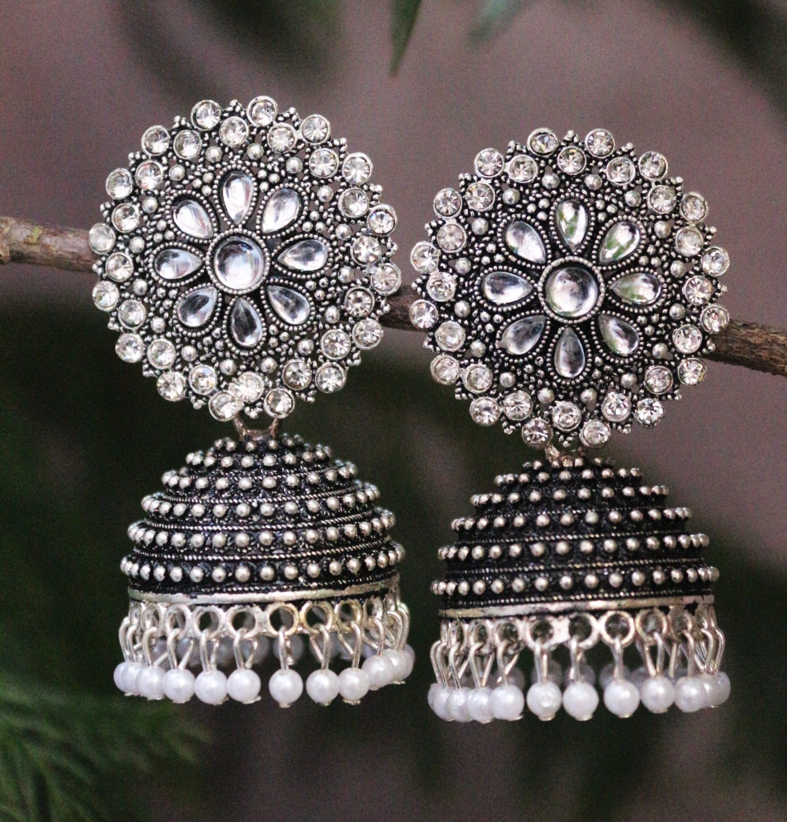 H K Fashion Oxidised Plated Austrian Stone Pearls Jhumki Earrings