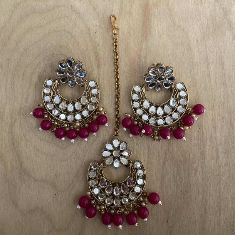 India Art Gold Plated Mirror Earrings With Mangtikka