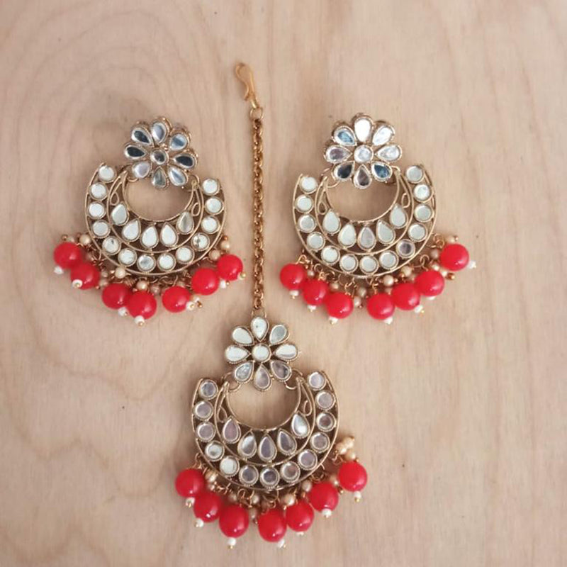 India Art Gold Plated Mirror Earrings With Mangtikka