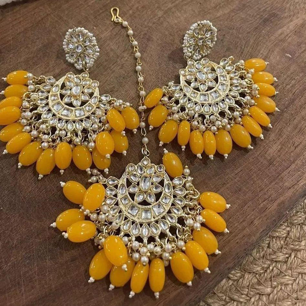 India Art Gold Plated Dangler Earrings With Maangtikka