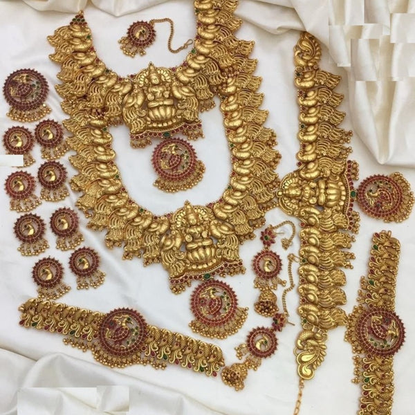 India Art Gold Plated Matte Finish Pota Stone Temple Bridal Set