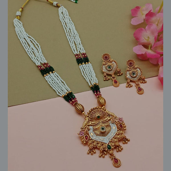 India Art Gold Plated Pota Stone And Pearl Long Necklace Set