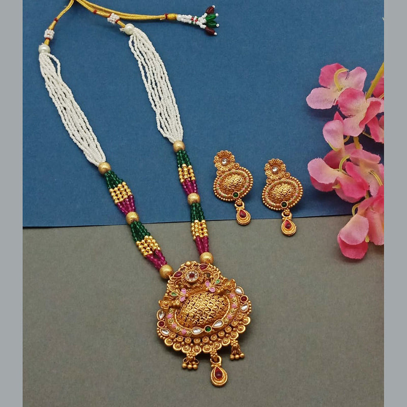 India Art Gold Plated Pota Stone And Pearl Long Necklace Set