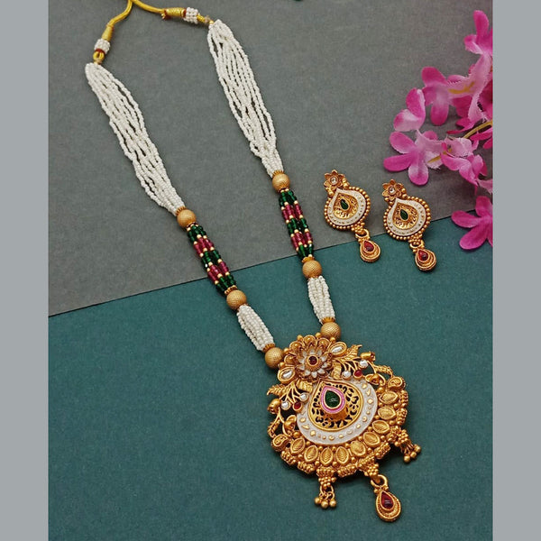 India Art Gold Plated Pota Stone And Pearl Long Necklace Set