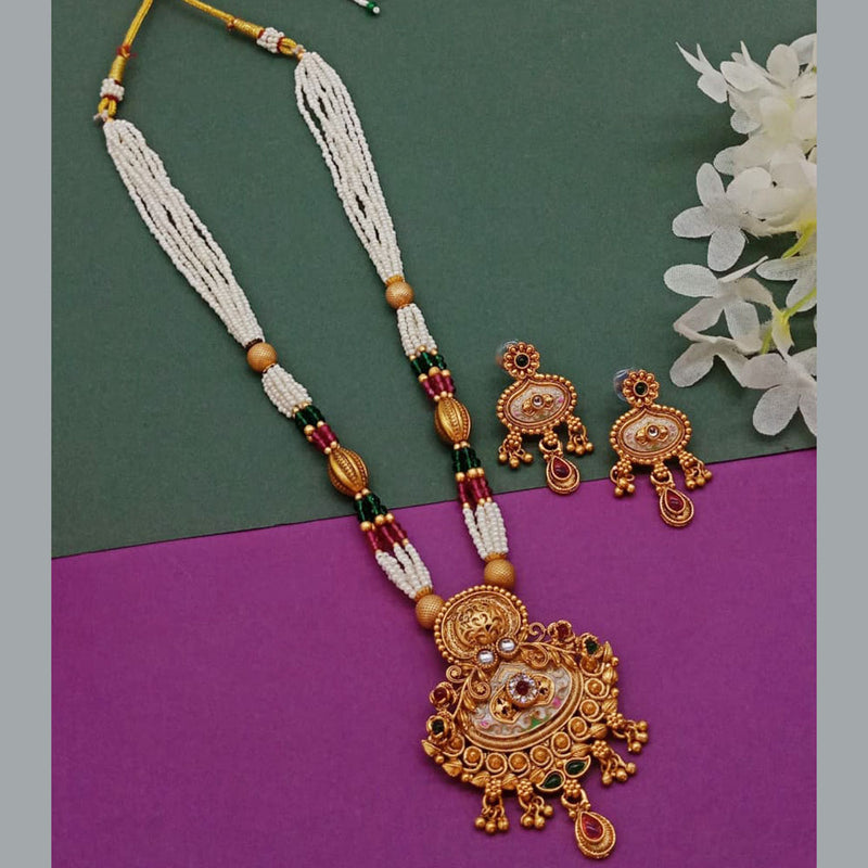 India Art Gold Plated Pota Stone And Pearl Long Necklace Set