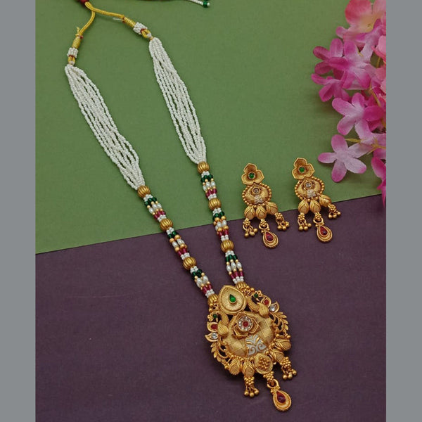 India Art Gold Plated Pota Stone And Pearl Long Necklace Set