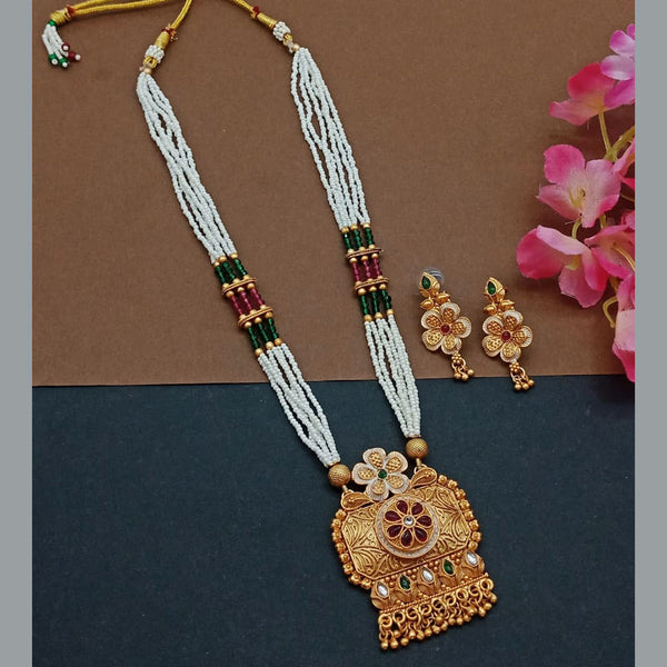 India Art Gold Plated Pota Stone And Pearl Long Necklace Set