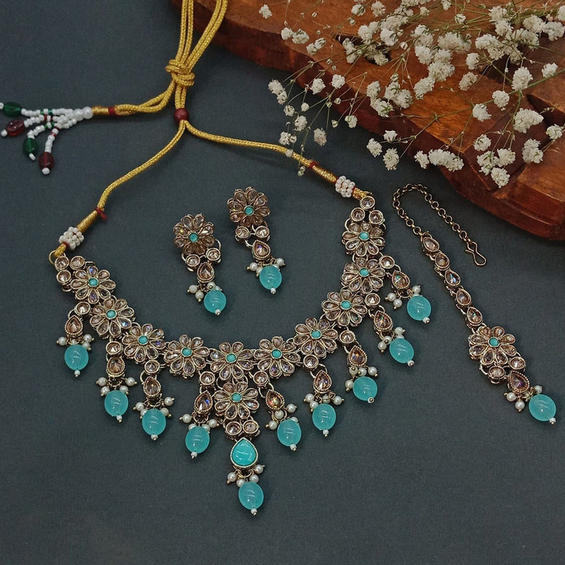 India Art Mehndi Polish Crystal Stone And Beads Necklace Set