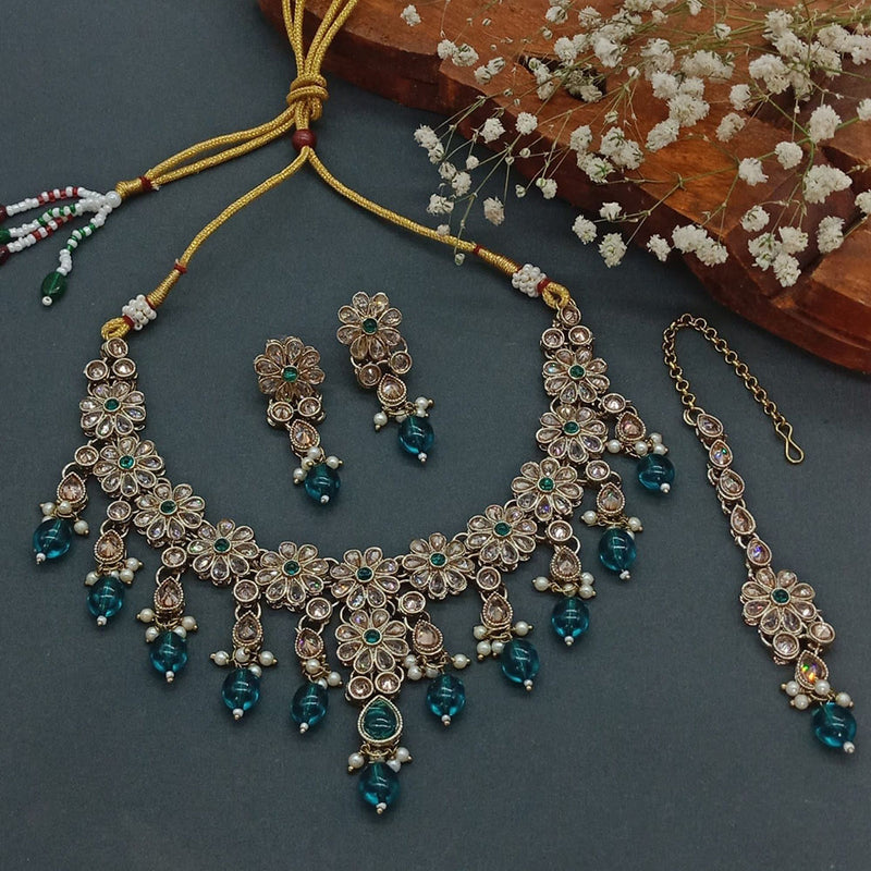 India Art Mehndi Polish Crystal Stone And Beads Necklace Set