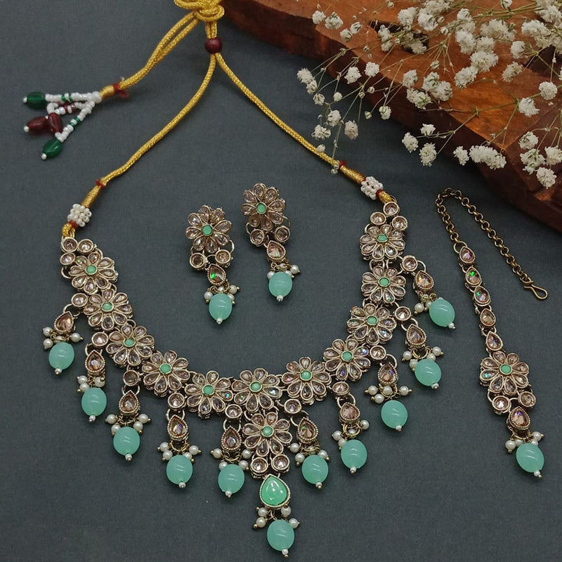 India Art Mehndi Polish Crystal Stone And Beads Necklace Set