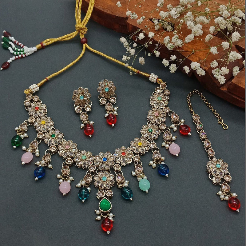 India Art Mehndi Polish Crystal Stone And Beads Necklace Set