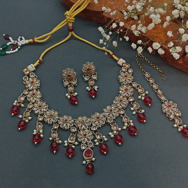 India Art Mehndi Polish Crystal Stone And Beads Necklace Set