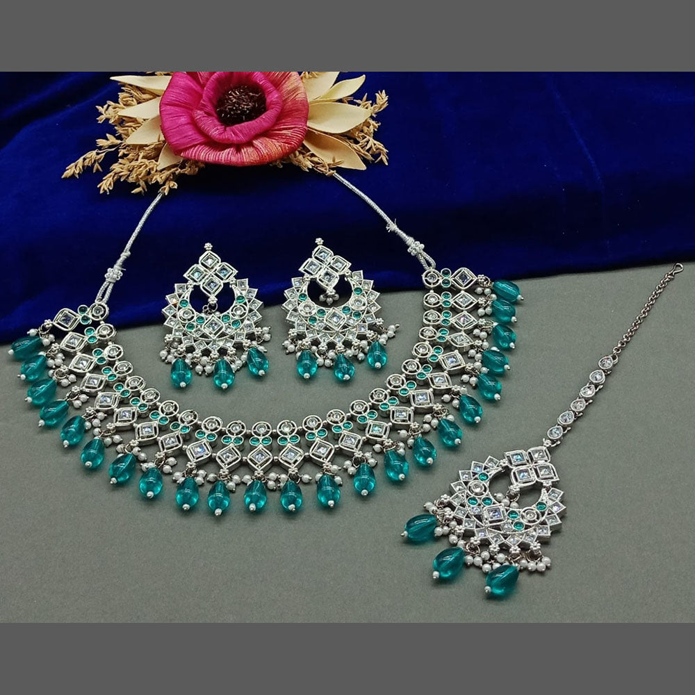 India Art Silver Plated Crystal Stone And Beads Necklace Set