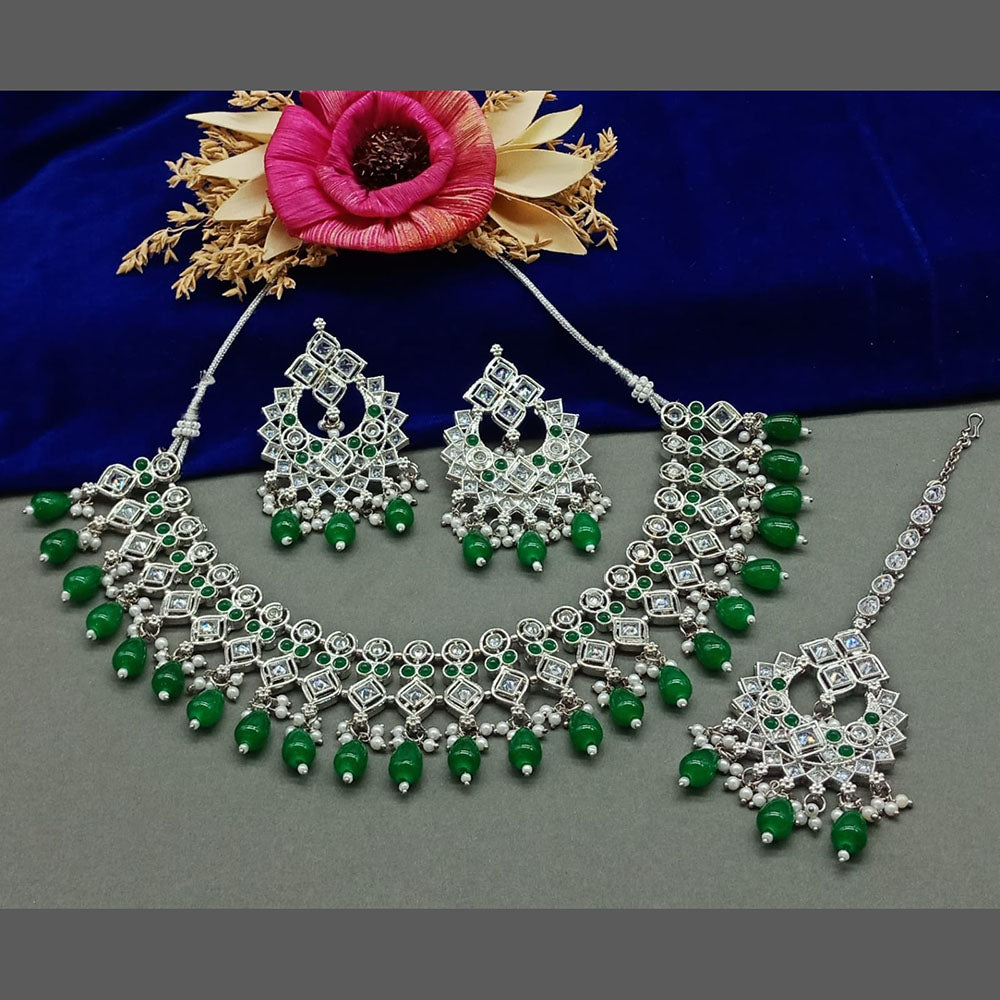 India Art Silver Plated Crystal Stone And Beads Necklace Set