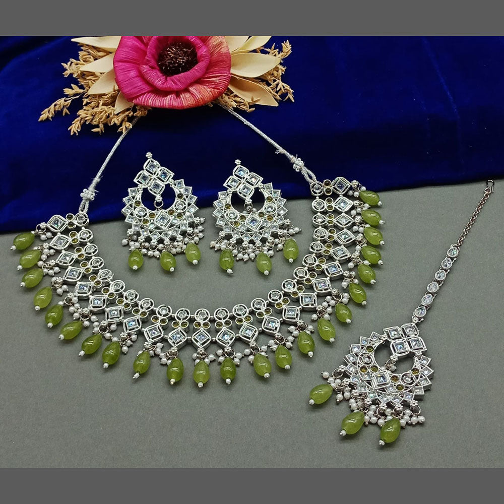 India Art Silver Plated Crystal Stone And Beads Necklace Set