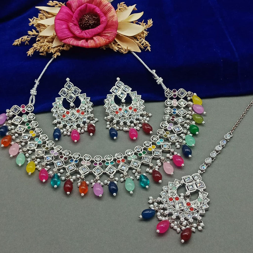 India Art Silver Plated Crystal Stone And Beads Necklace Set