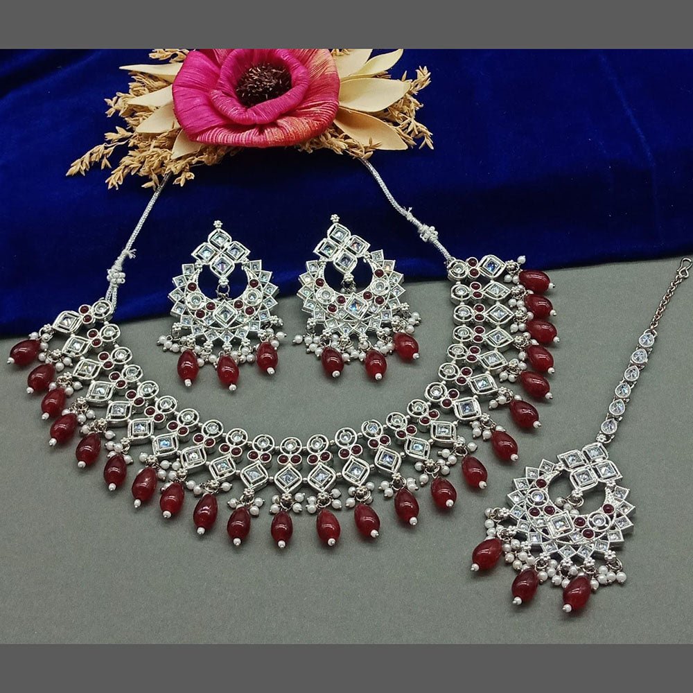 India Art Silver Plated Crystal Stone And Beads Necklace Set