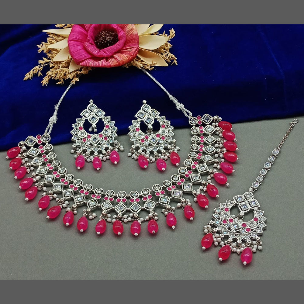 India Art Silver Plated Crystal Stone And Beads Necklace Set