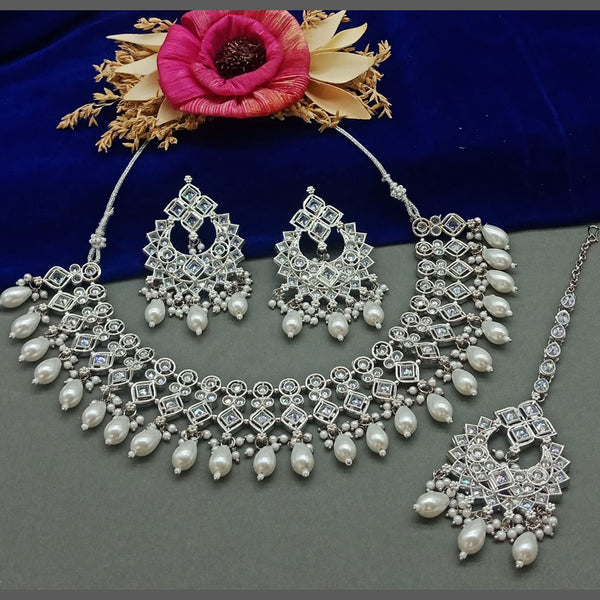 India Art Silver Plated Crystal Stone And Beads Necklace Set