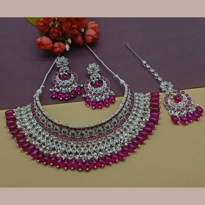 India Art Silver Plated Crystal Stone And Pearls Necklace Set