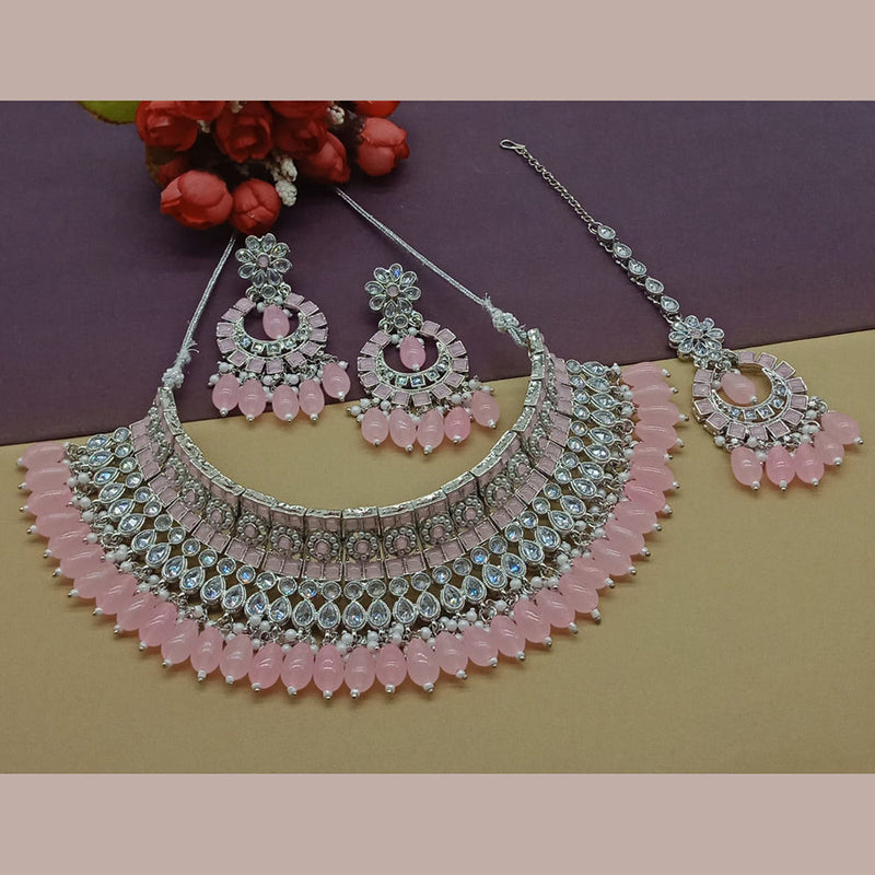 India Art Silver Plated Crystal Stone And Pearls Necklace Set