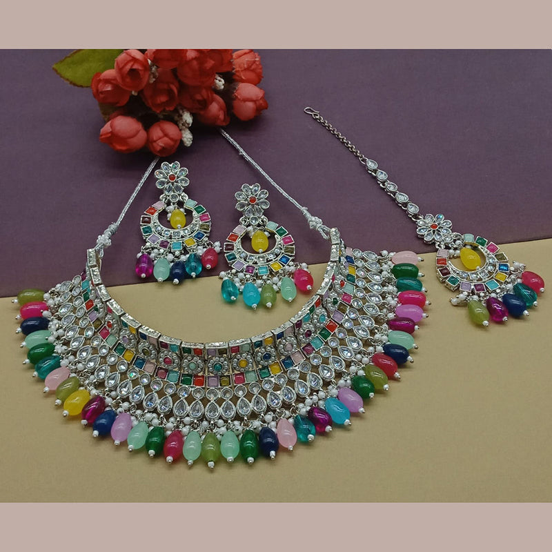 India Art Silver Plated Crystal Stone And Pearls Necklace Set