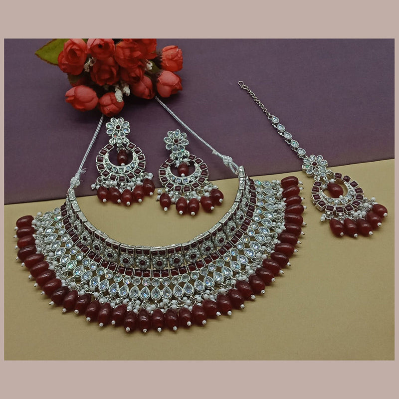 India Art Silver Plated Crystal Stone And Pearls Necklace Set