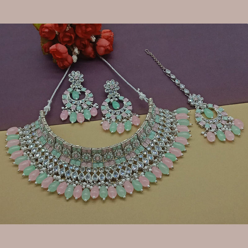 India Art Silver Plated Crystal Stone And Pearls Necklace Set