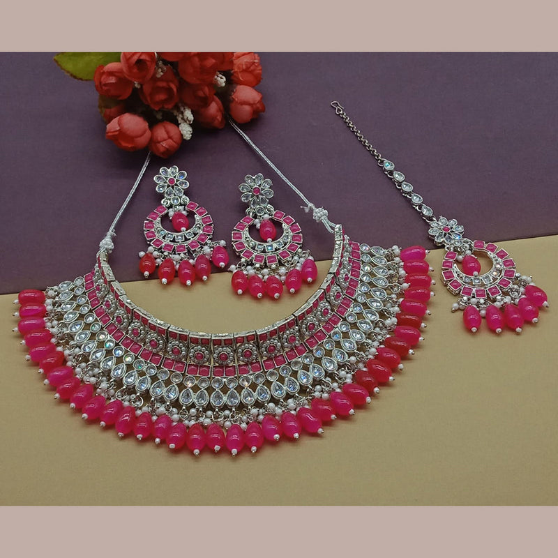 India Art Silver Plated Crystal Stone And Pearls Necklace Set