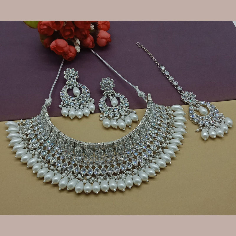 India Art Silver Plated Crystal Stone And Pearls Necklace Set