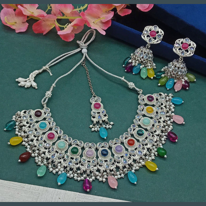 India Art Silver Plated Crystal Stone And Pearls Necklace Set