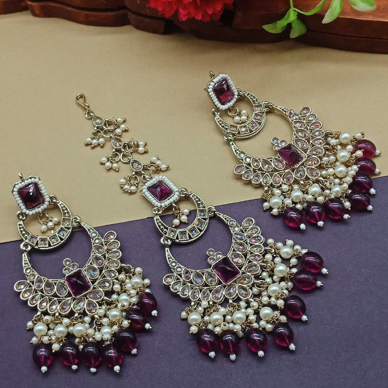 India Art Gold Plated Crystal Stone Earrings With Maangtikka