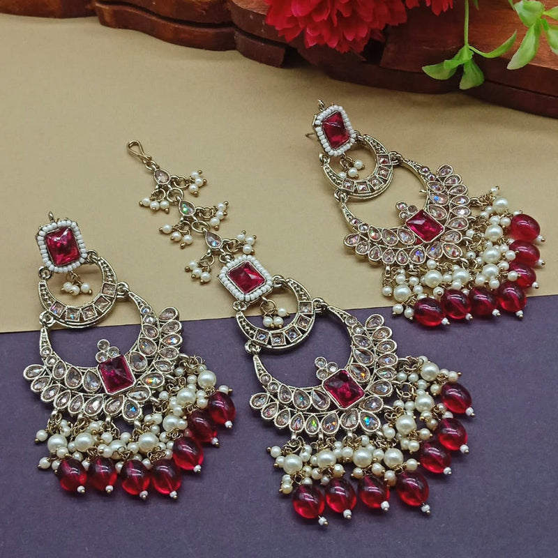 India Art Gold Plated Crystal Stone Earrings With Maangtikka