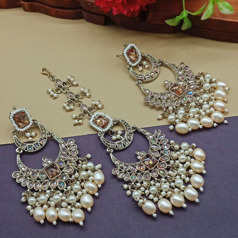 India Art Gold Plated Crystal Stone Earrings With Maangtikka