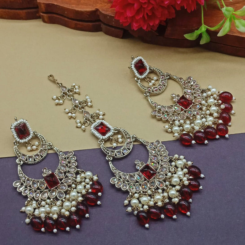 India Art Gold Plated Crystal Stone Earrings With Maangtikka