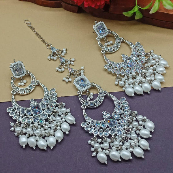 India Art Silver Plated Crystal Stone Earrings With Maangtikka