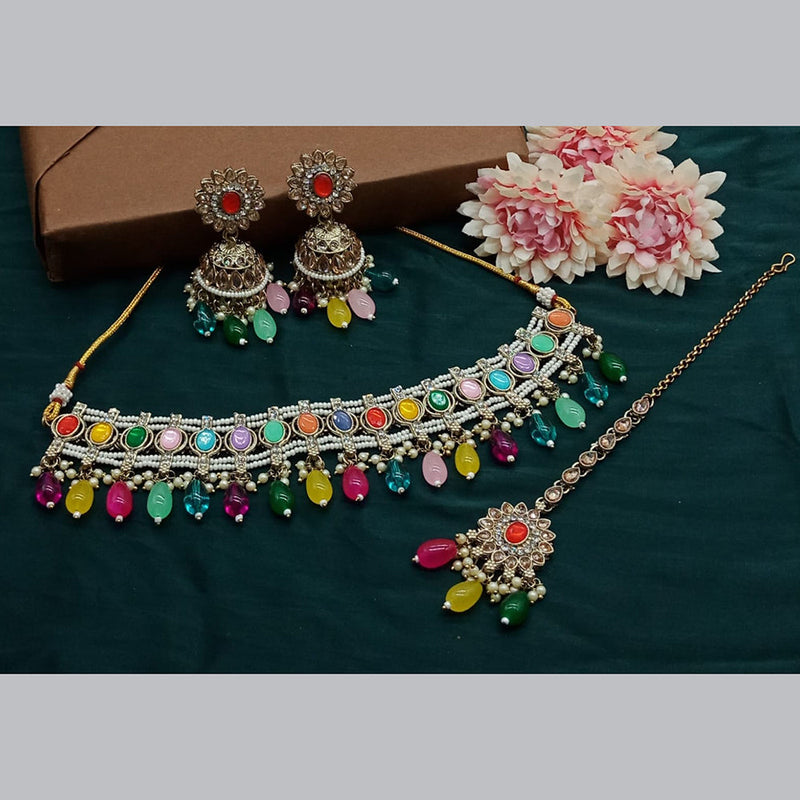 India Art Gold Plated Kundan Stone And Pearls Choker Necklace Set