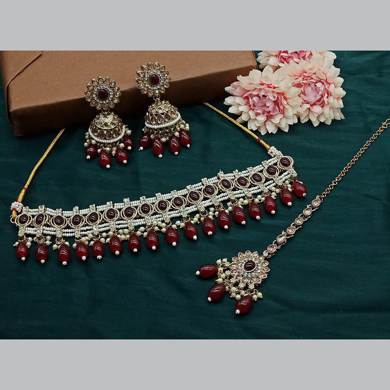 India Art Gold Plated Kundan Stone And Pearls Choker Necklace Set