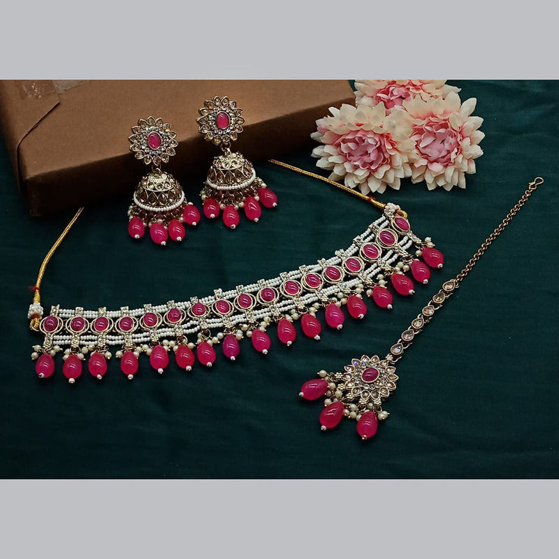 India Art Gold Plated Kundan Stone And Pearls Choker Necklace Set