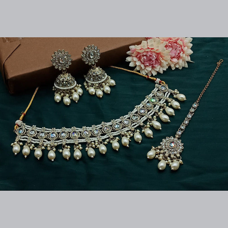 India Art Gold Plated Kundan Stone And Pearls Choker Necklace Set