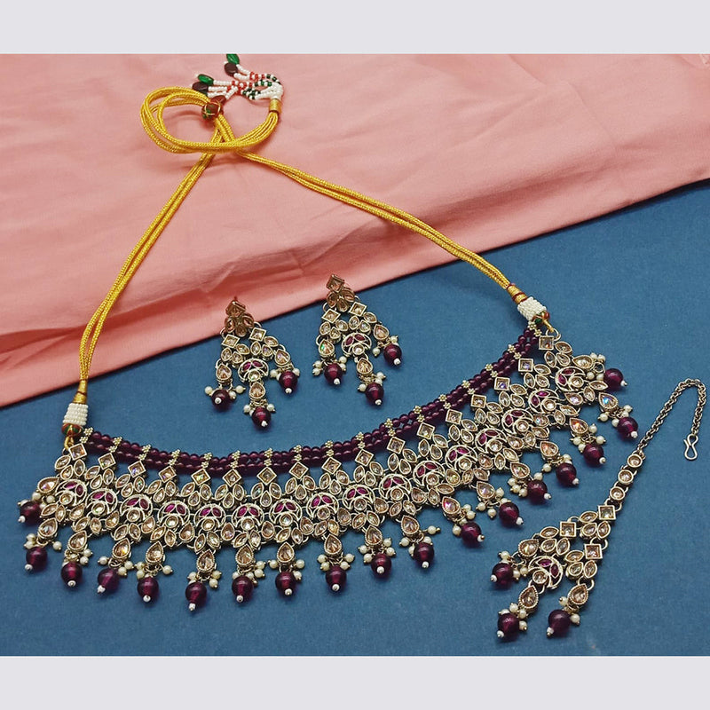 India Art Gold Plated Crystal Stone And Pearls Choker Necklace Set