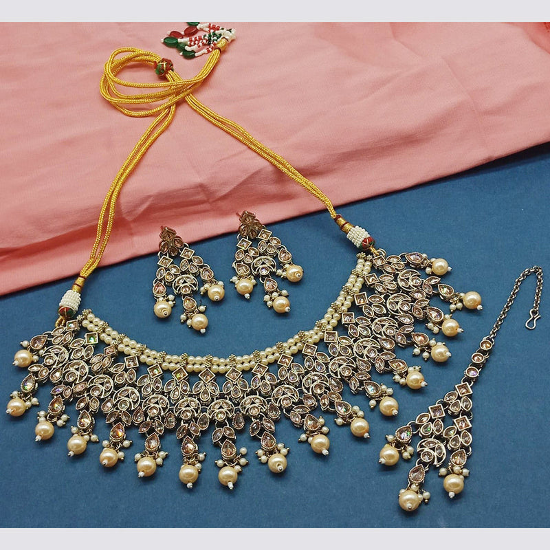 India Art Gold Plated Crystal Stone And Pearls Choker Necklace Set